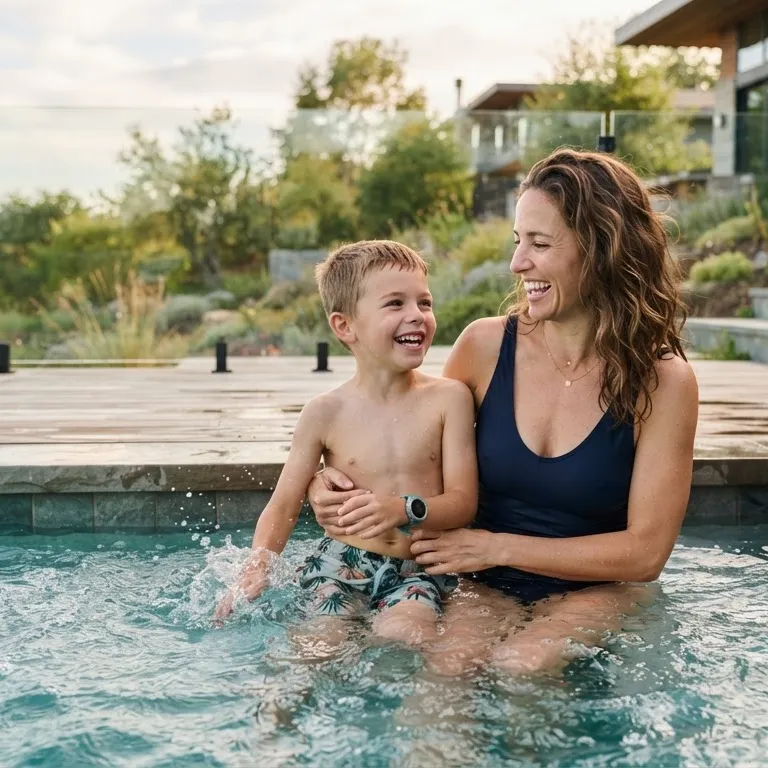 Mother and son smiling together in outdoor hot tub