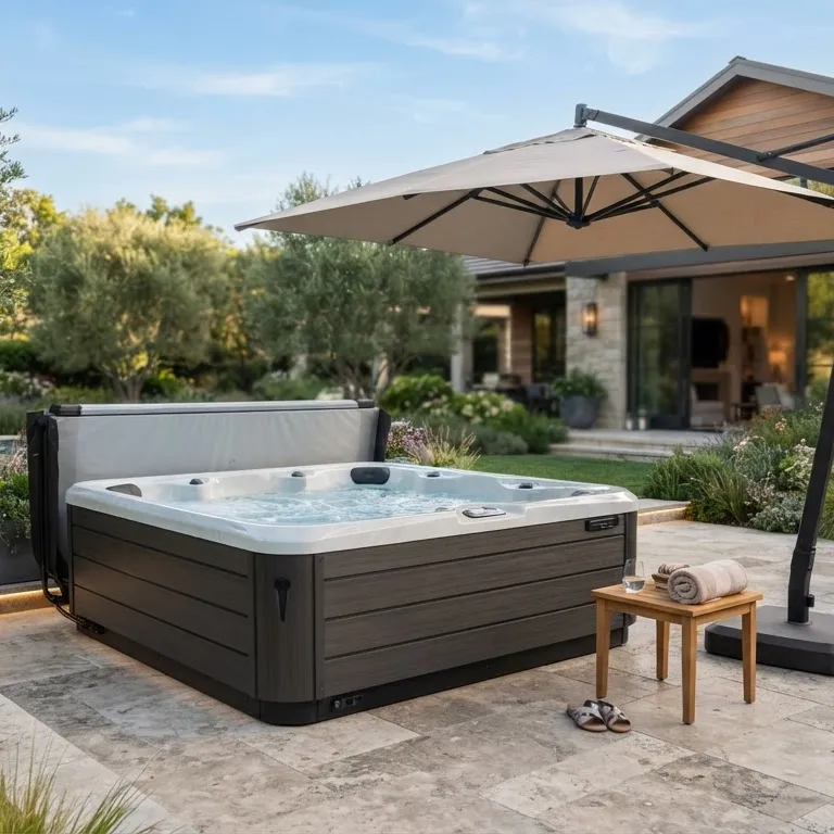 Hot tub with umbrella and stone patio in luxury backyard