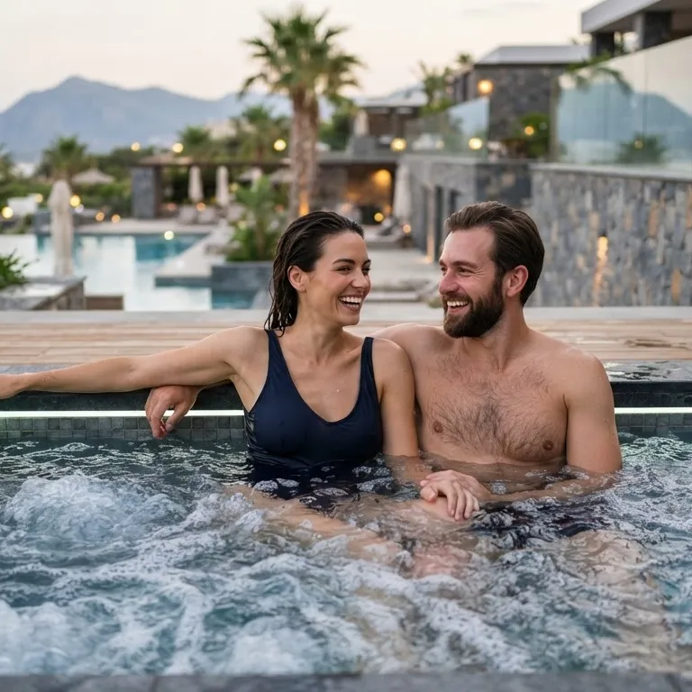 Mother and child running toward hot tub outside modern patio shed