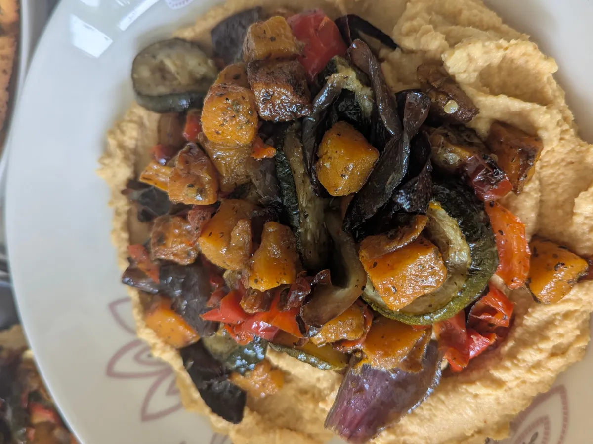 plate of Hummus and roasted summer vegetables