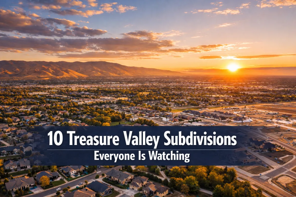 Aerial view of Treasure Valley Idaho neighborhoods showing top subdivisions including Meridian, Eagle, Boise foothills communities and new construction developments