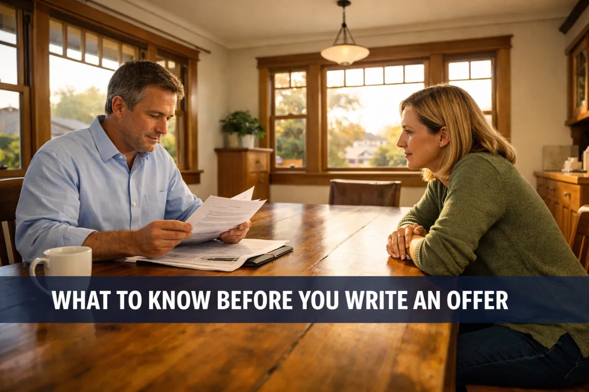 A real estate agent and buyer reviewing documents before writing an offer on a home in Boise Idaho