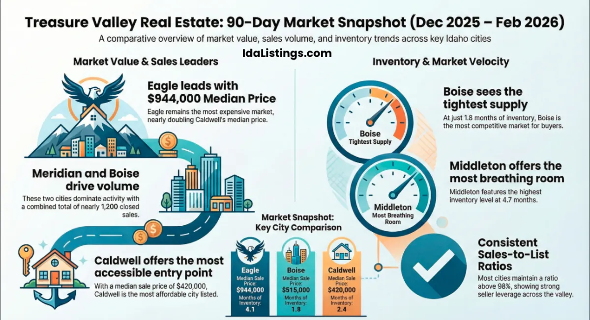 Infographic overviews of Treasure Valley real estate data with market report data overlay, February 2026