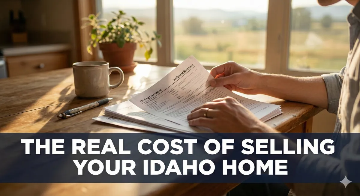 Idaho home seller reviewing closing statement and net sheet at kitchen table
