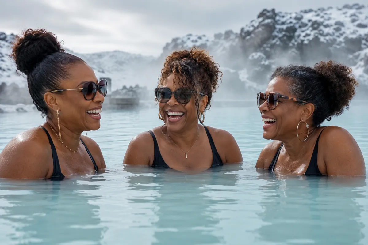 Golden Life travelers laughing together in the warm waters of the Blue Lagoon