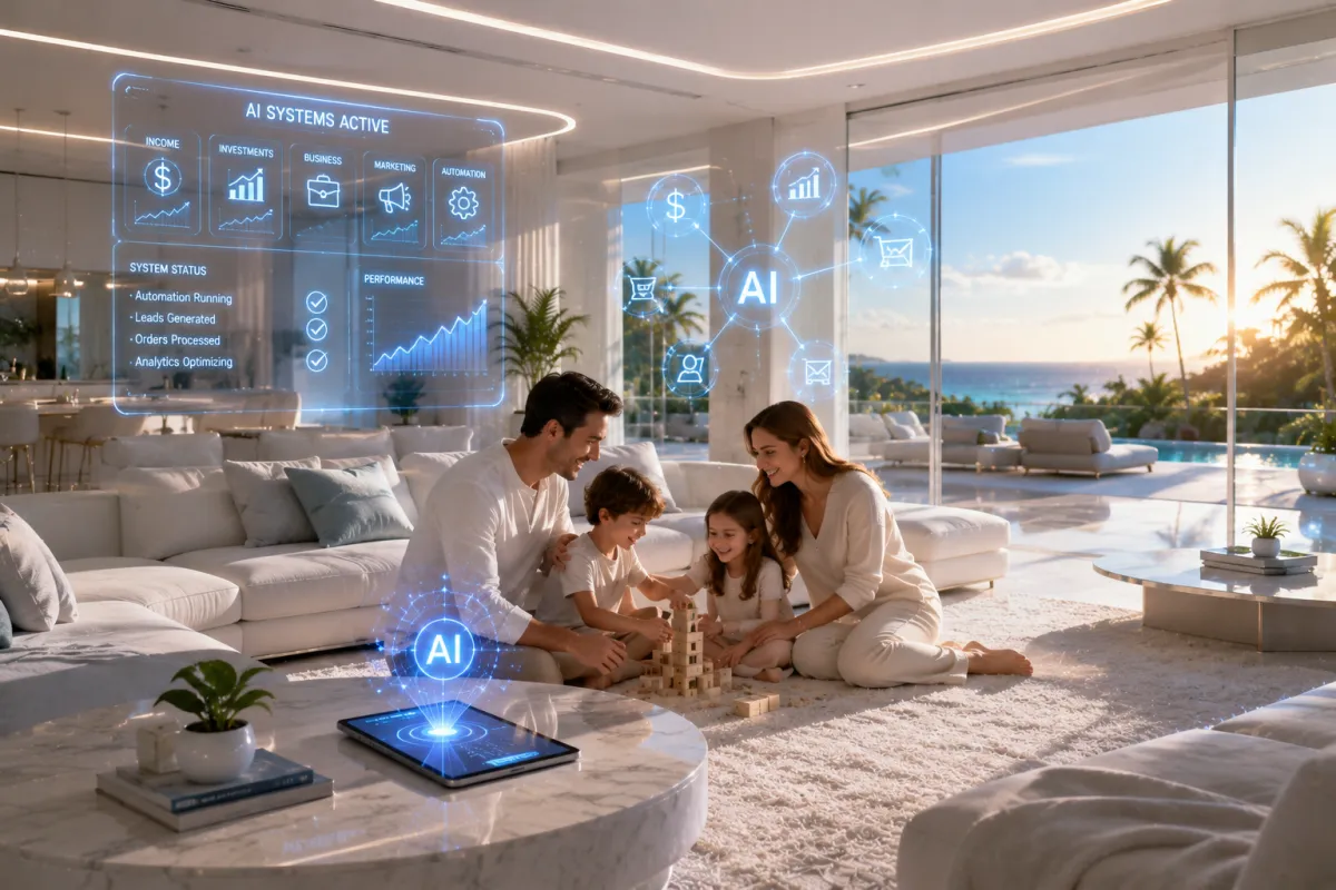 A family sitting in a luxury living room surrounded by AI automation displays, smart devices, and digital business dashboards.