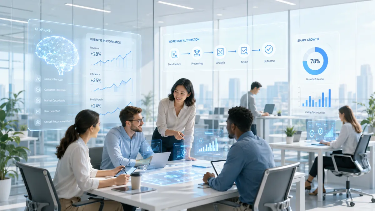 A group of business professionals seated around a conference table in a modern office, discussing AI-powered dashboards, growth charts, and digital business analytics displayed on glass screens.