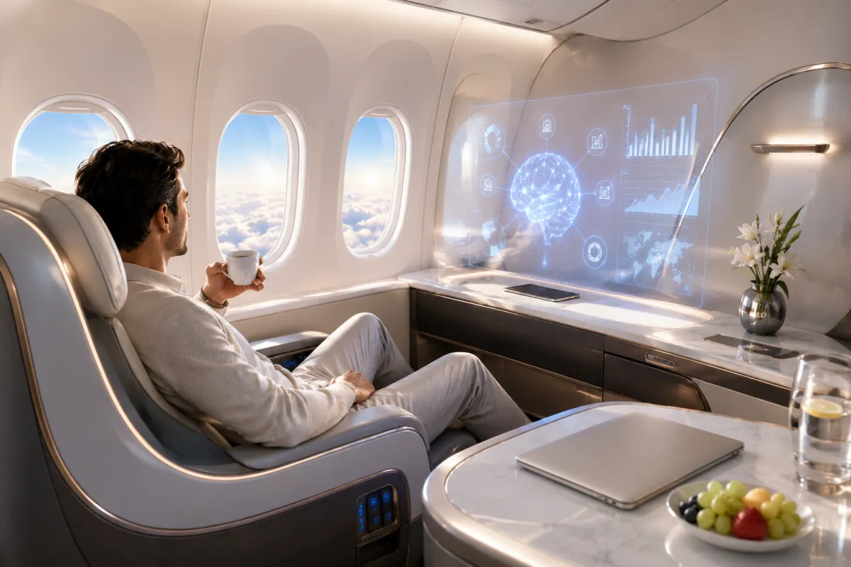 A person seated inside a private jet reviewing digital AI dashboards and business performance visuals in a luxury travel setting.
