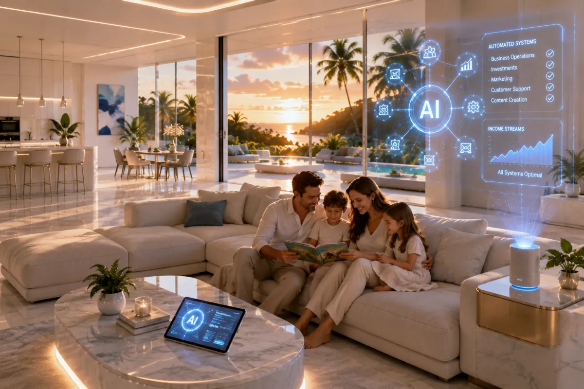 A modern luxury living room with a family seated on a sofa, surrounded by glowing AI interface graphics, smart home dashboards, and digital automation visuals.