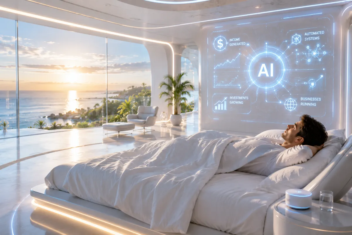 A modern bedroom overlooking the ocean with glowing AI interface graphics, representing a technology-driven global business system.