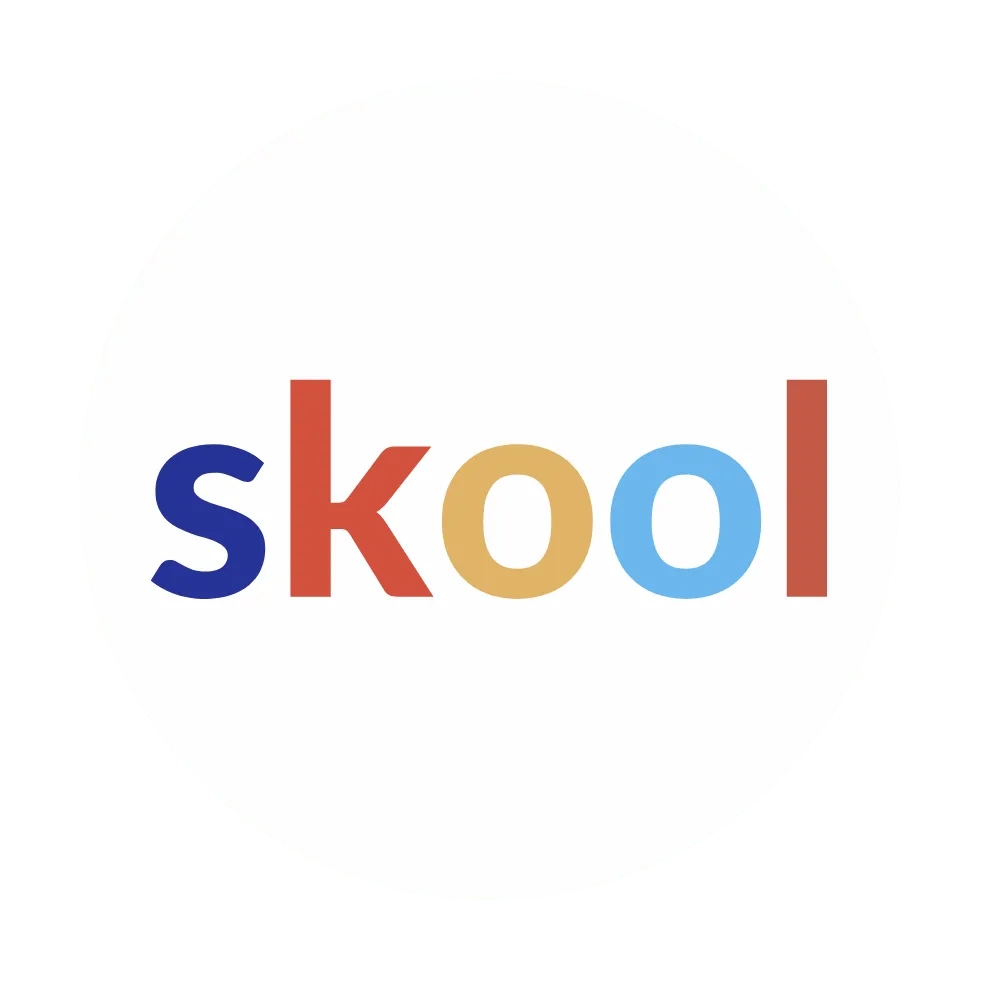 Social media icon for Skool displayed on a blue footer background, linking to AI Wealth Hub’s social profiles.