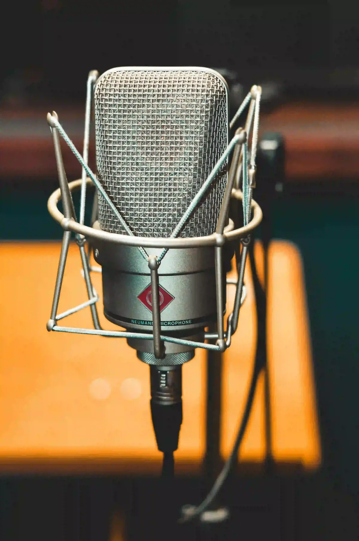 Podcast microphone sitting on table