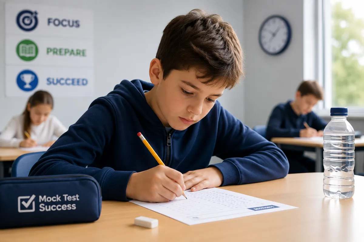 Boy concentrating during 11+ mock test under real exam conditions in Dartford Kent
