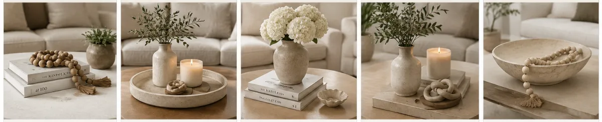 Beautiful neutral living room featuring a professionally styled coffee table with decorative books, bowls, candles, greenery, and layered decor arranged using designer-approved styling techniques.