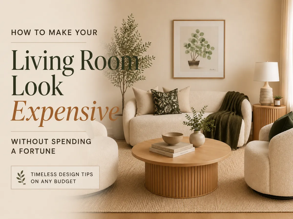 Affordable designer-inspired living room featuring a neutral sofa, boucle chairs, wood coffee table, and Walmart home decor.