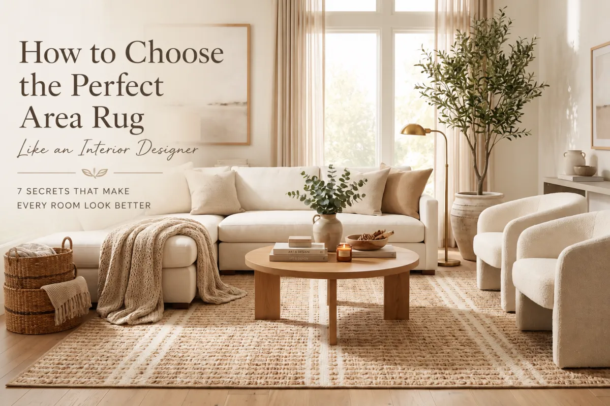 Beautiful organic modern living room featuring a neutral wool area rug, off-white sectional, oak coffee table, olive tree, and warm designer styling.