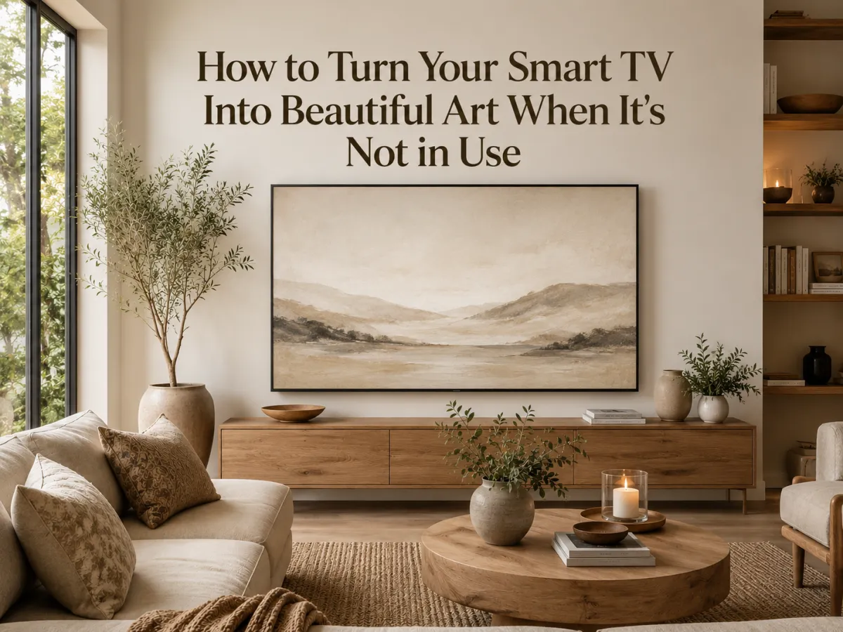 Beautiful TV art and wall art displayed in a warm neutral home with designer-inspired decor