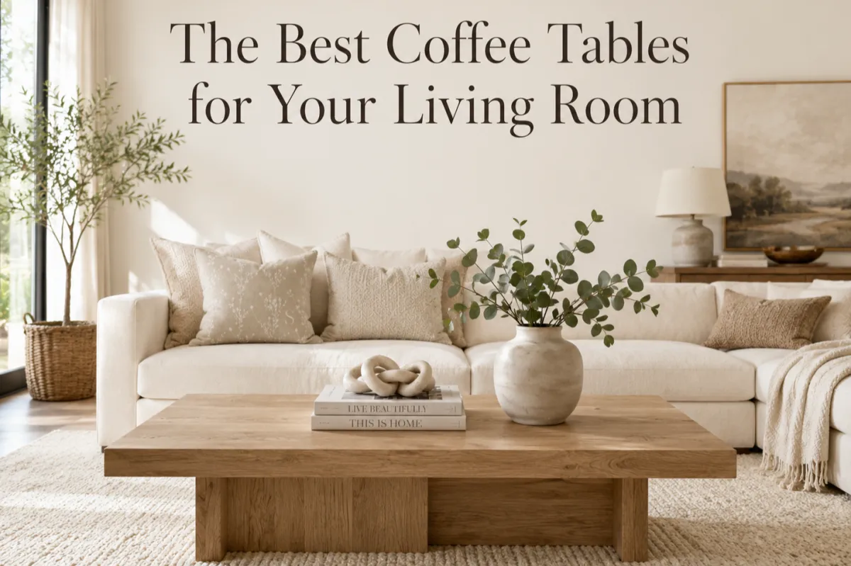 Luxury organic modern living room featuring a timeless light oak coffee table styled with designer books, a ceramic vase with eucalyptus stems, and neutral decor in a warm, inviting space.