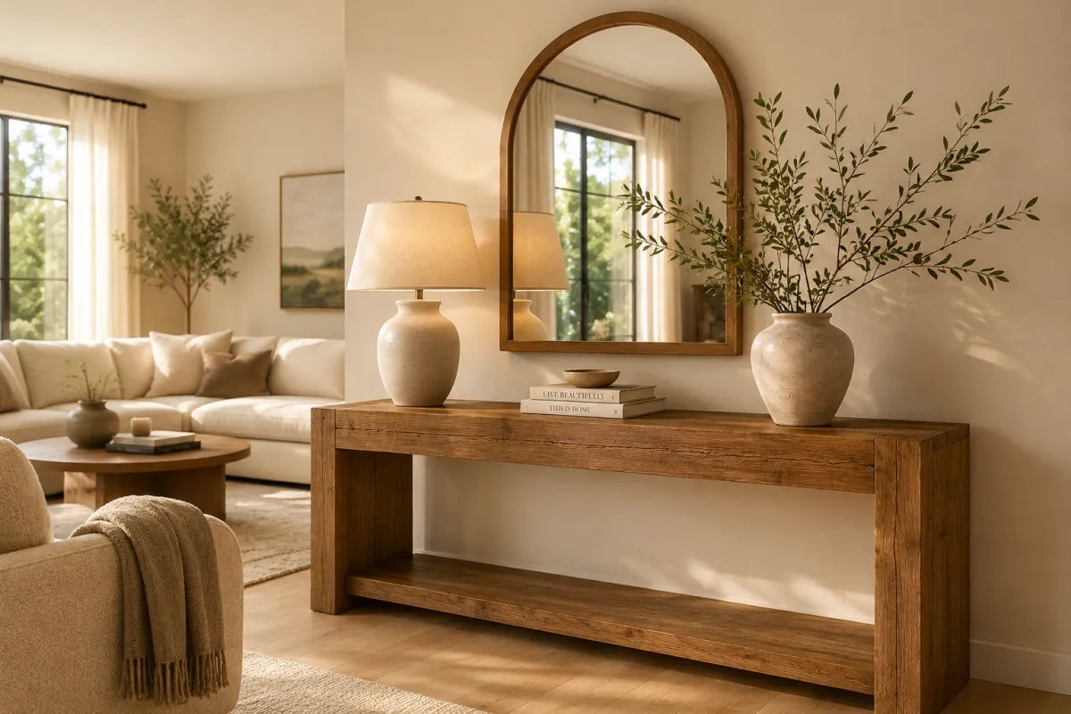 Warm oak console table styled with a ceramic lamp, books, and a vase of branches beneath a large arched wood mirror in a bright organic-modern living room