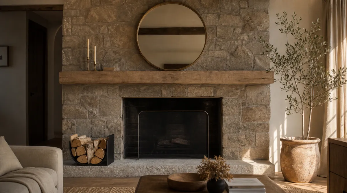Floor-to-ceiling stone fireplace with a thick wood beam mantel, round gold-framed mirror, brass candlesticks, birch logs in a black floor rack, and a potted olive tree alongside