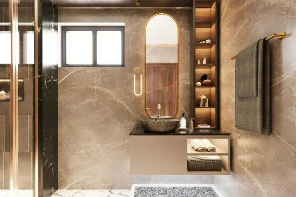 A modern bathroom featuring a walk-in shower with white geometric tiles, a white toilet, and a white vanity with black fixtures.