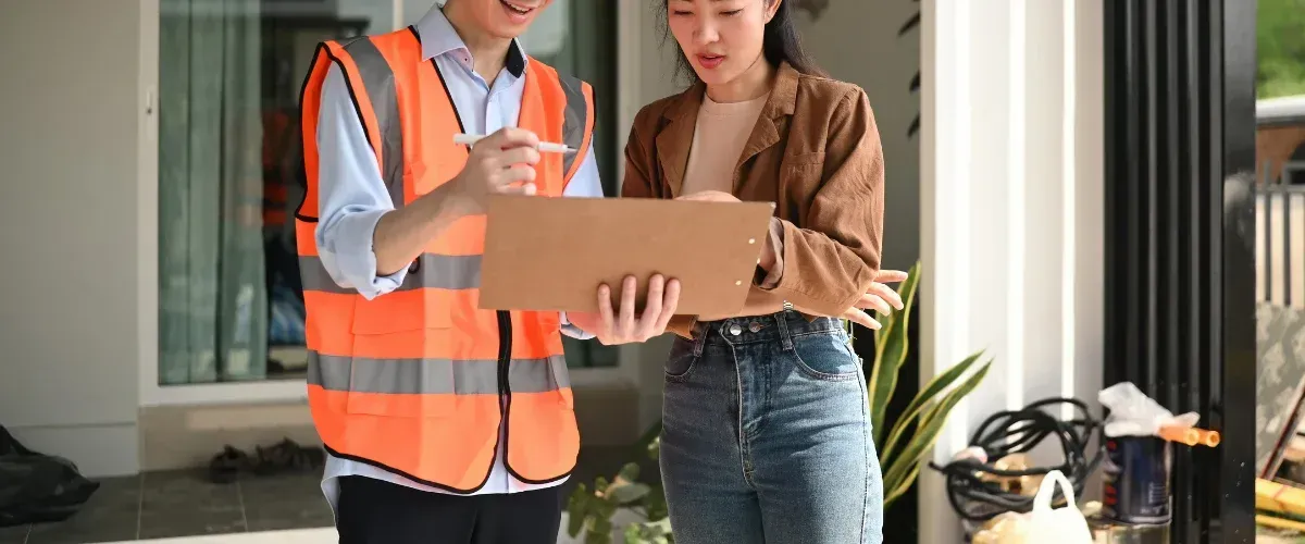 A smiling male delivery driver in an orange vest holds a package for a woman customer to sign at her front door.