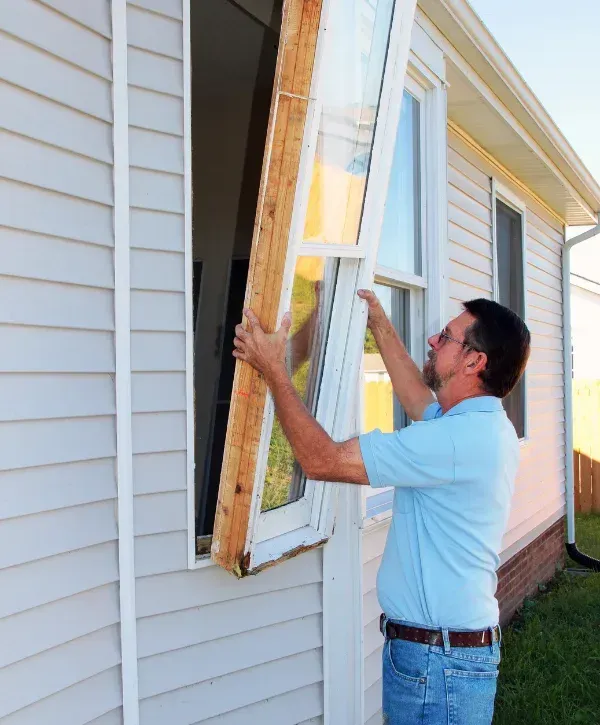 A man in a blue shirt removing an old wooden window frame with glass from a house with white siding.