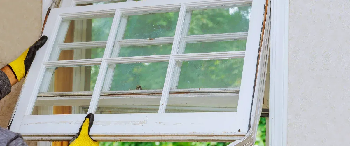 A person wearing yellow and black gloves carefully removes an old, white-painted window frame from an opening.