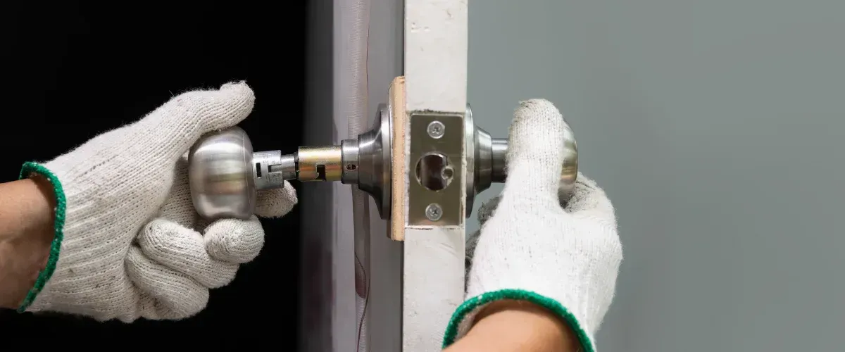 A person wearing yellow and black gloves carefully removes an old, white-painted window frame from an opening.