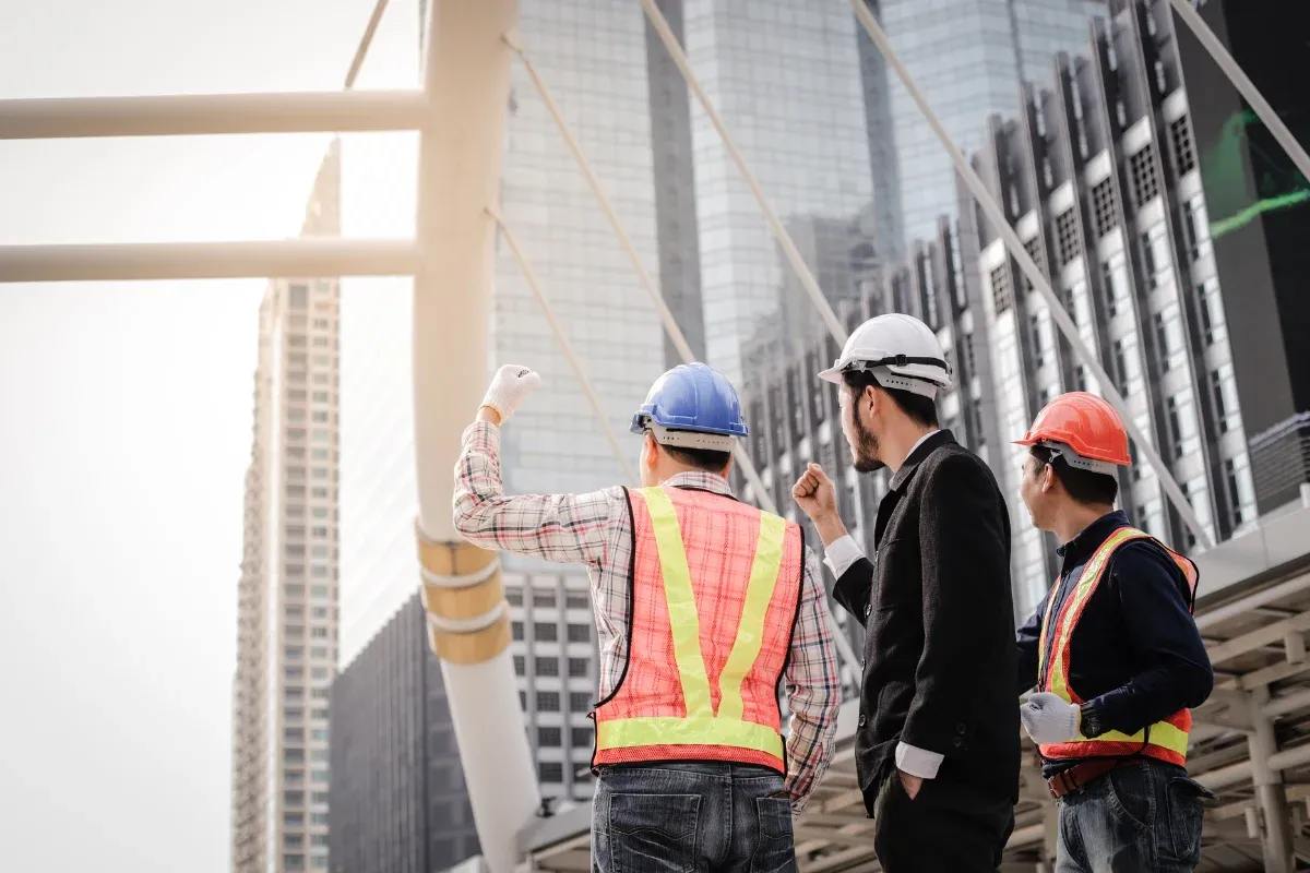 Three construction engineers or architects in hard hats looking at city buildings with fists raised in triumph.