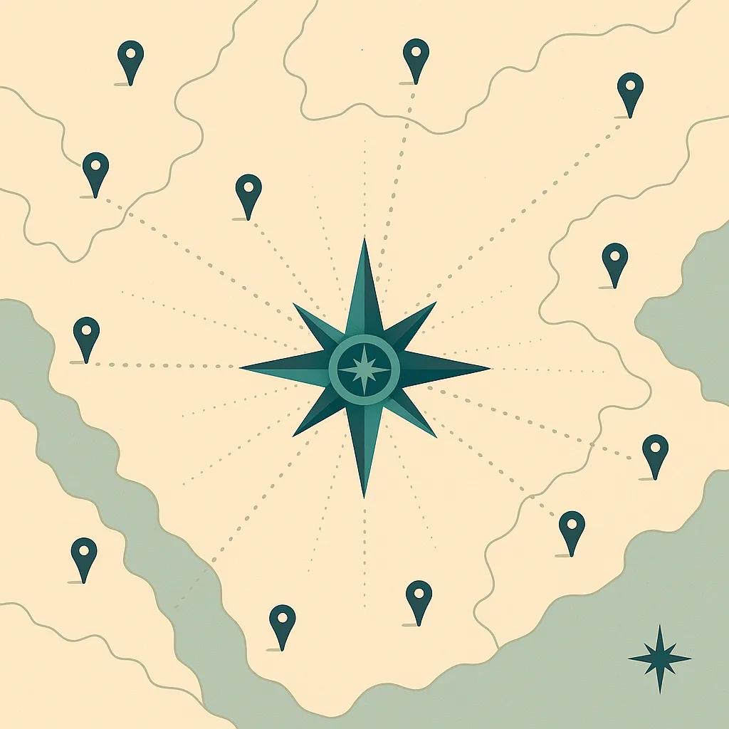 TAG strategic field guide map showing AI navigation for small businesses with compass and waypoints