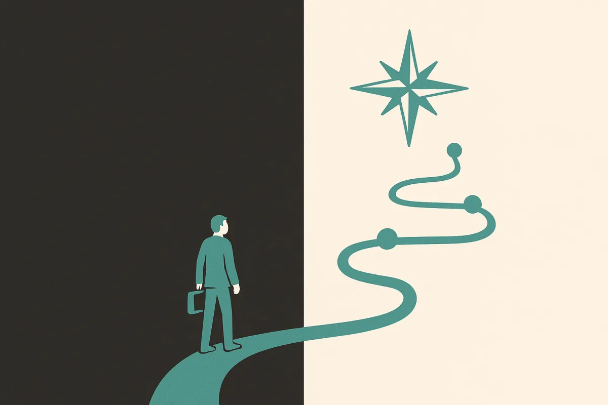 A 5-step roadmap with compass star motif for building AI readiness before launching