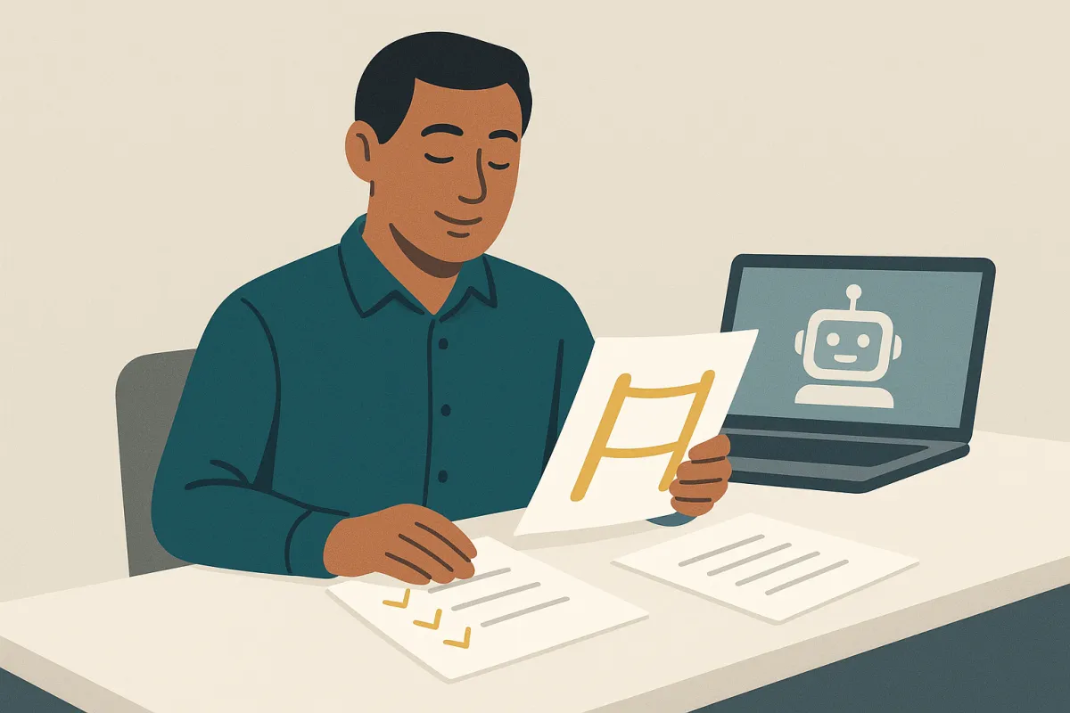 TAG-branded illustration: small business owner at a desk reviewing AI governance checklist