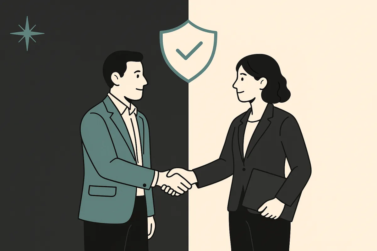 Business owner and client handshake with teal trust shield — responsible AI as competitive advantage