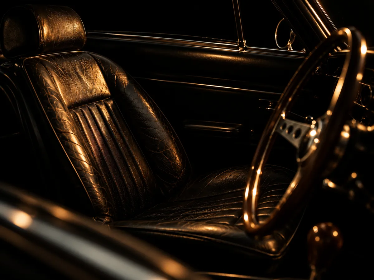 The empty driver's seat of a classic car