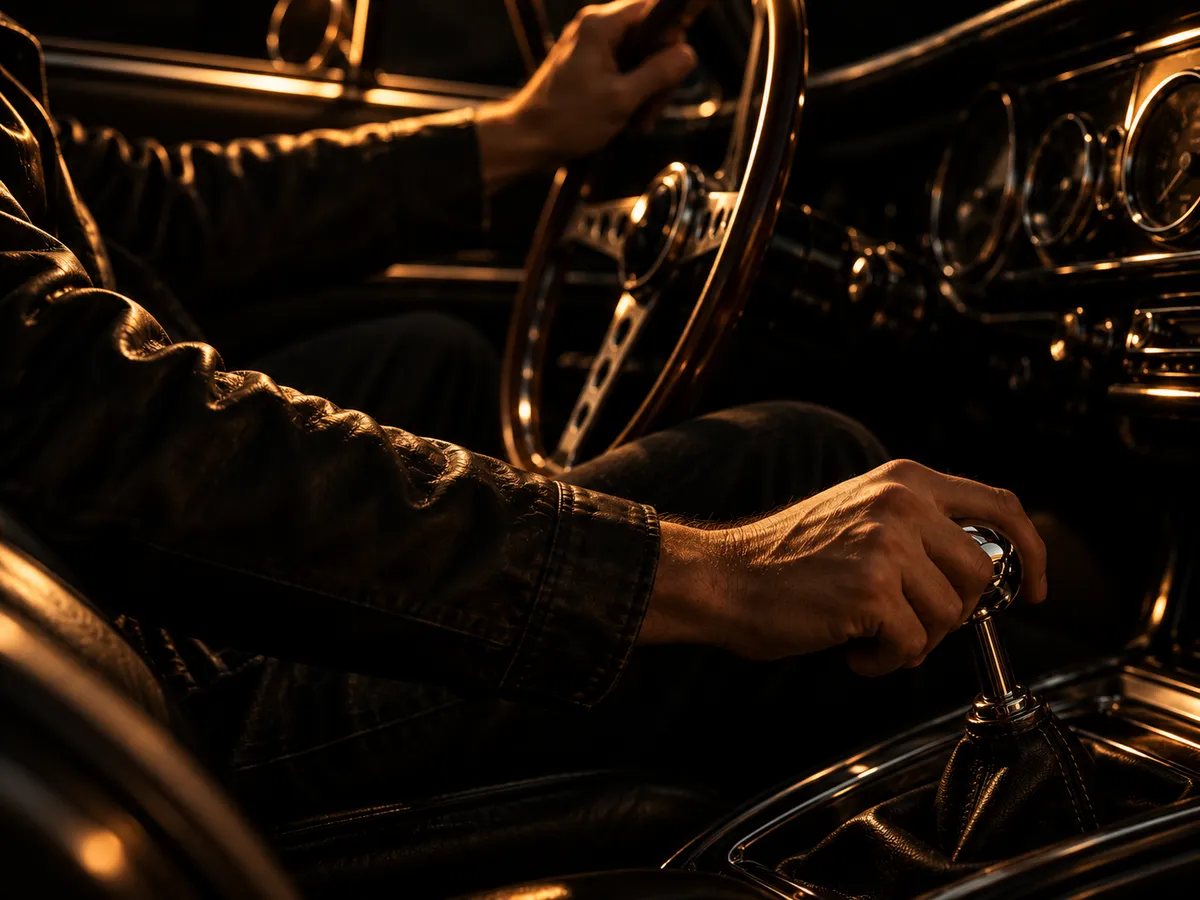 A hand on the gear stick of a classic car