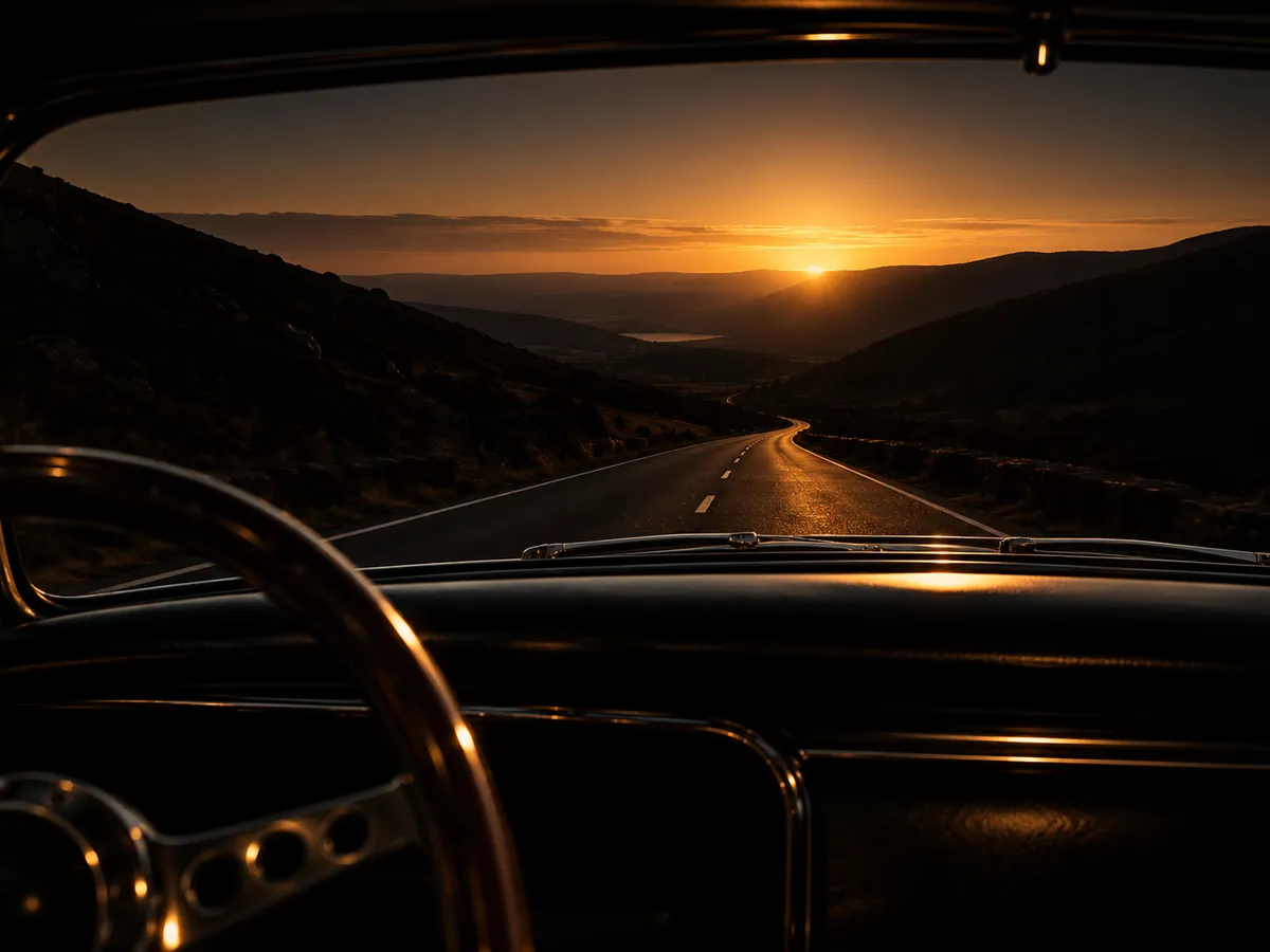 An open road at sunset seen through a windscreen