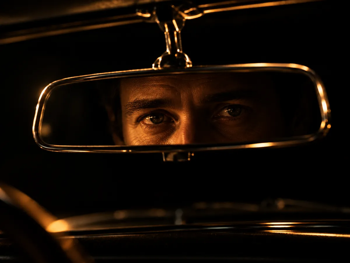 A driver's eyes in the rear view mirror