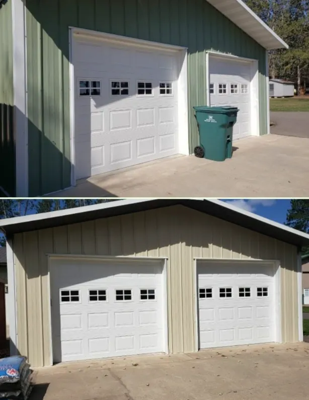Garage exterior before and after painting, shown top and bottom