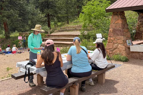 Art teacher helping business women paint outdoors