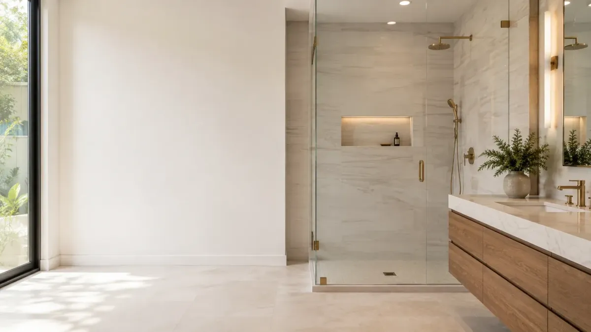 High-end Pomona bathroom remodel showcasing precise tilework, frameless shower glass, recessed niche, custom vanity, quartz countertop, and refined fixtures.