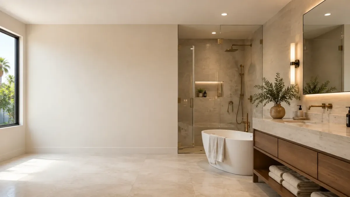 Spa-inspired Pomona bathroom remodel with freestanding soaking tub, warm wood vanity, stone-look tile, brass fixtures, and soft ambient lighting.