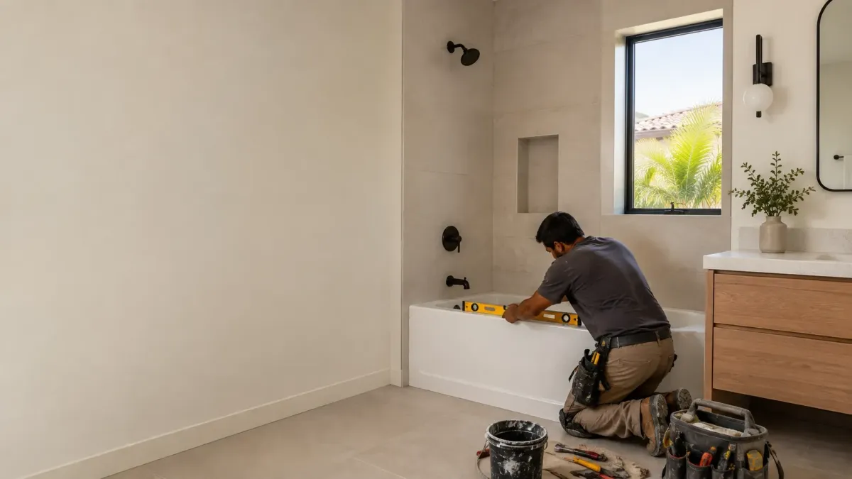 Professional bathroom remodeler leveling and installing a new bathtub in a modern Pomona residential bathroom.