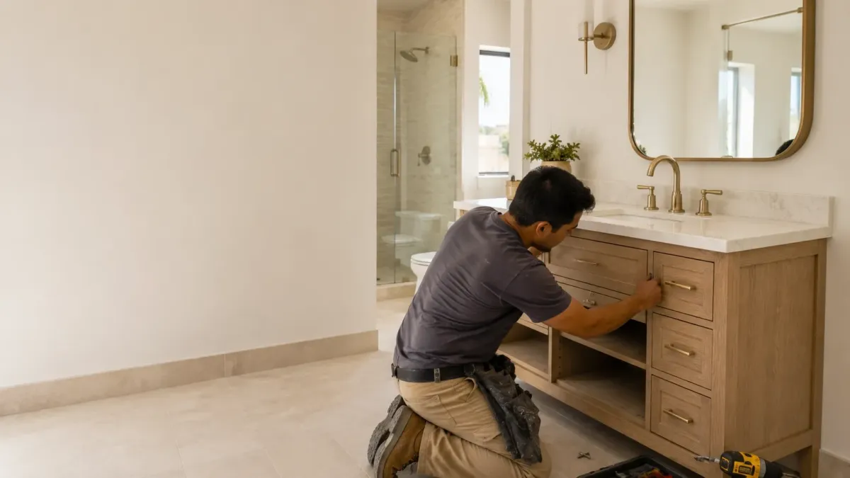 Bathroom remodeling contractor installing and aligning a natural wood vanity with quartz countertop in a Pomona home.