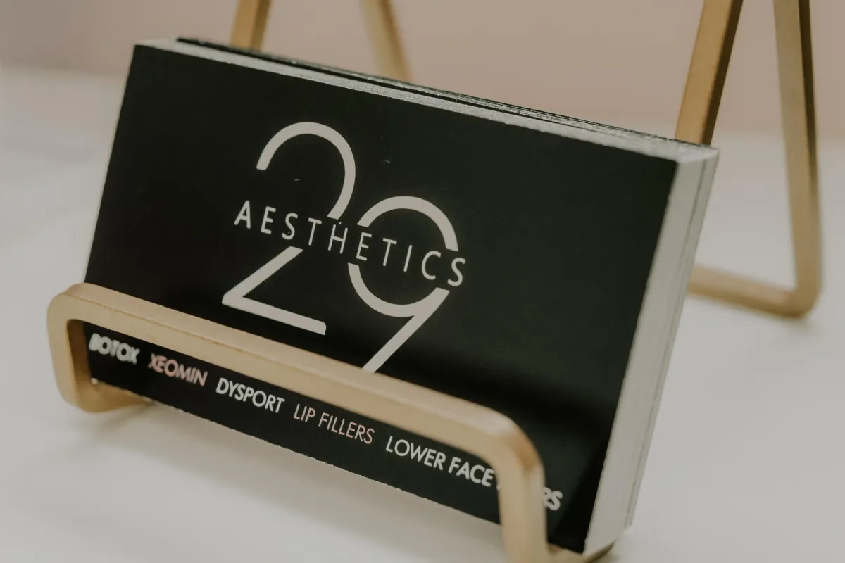 29 Aesthetics business card. Botox, Xeomin, Dysport, Lip fillers, lower face fillers, aesthetic services.