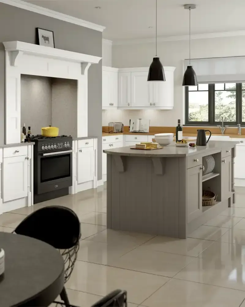 Modern white kitchen with bright orange backsplash, copper tap and drying rack, handleless cabinets, and LED under-cabinet lighting by Blueprint Kitchens