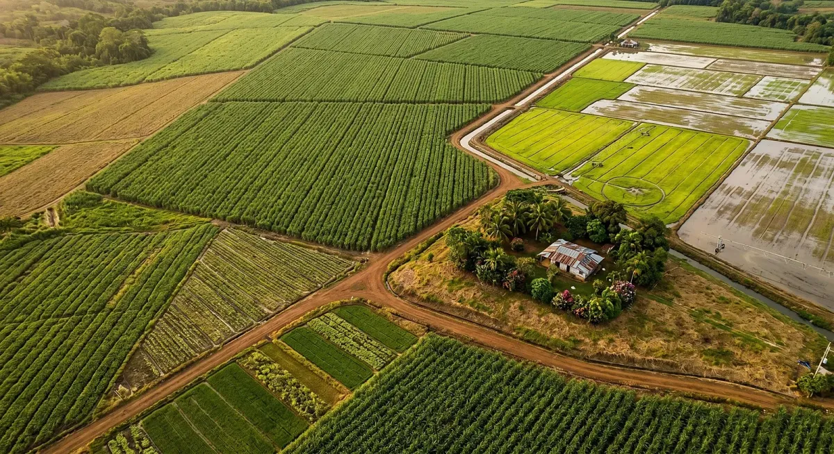 Vista aérea cenital de campos de cultivo y arrozales en Panamá, con caminos de tierra y una casa de campo entre las parcelas.
