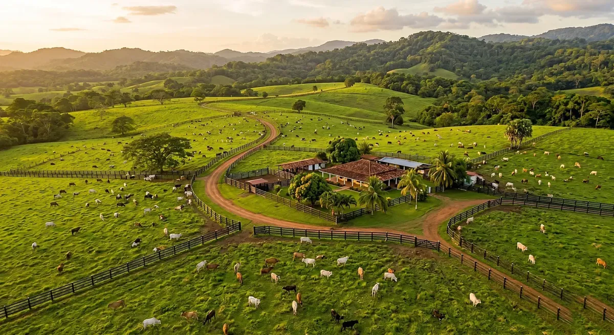 Vista aérea de una finca ganadera en Panamá: potreros verdes con ganado pastando, cercas, caminos y la casa de hato.