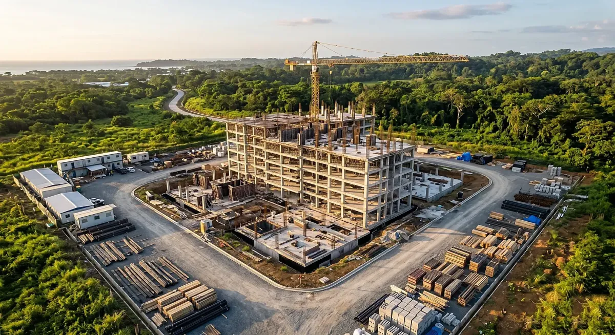Vista aérea de una obra en construcción en Panamá: estructura de concreto a media obra con grúa torre, materiales y caminos del sitio.