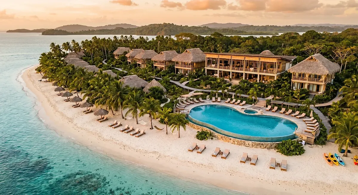 Vista aérea de un eco-resort frente al mar en Panamá: bungalós con techo de palma, piscina, palmeras y playa de arena blanca.